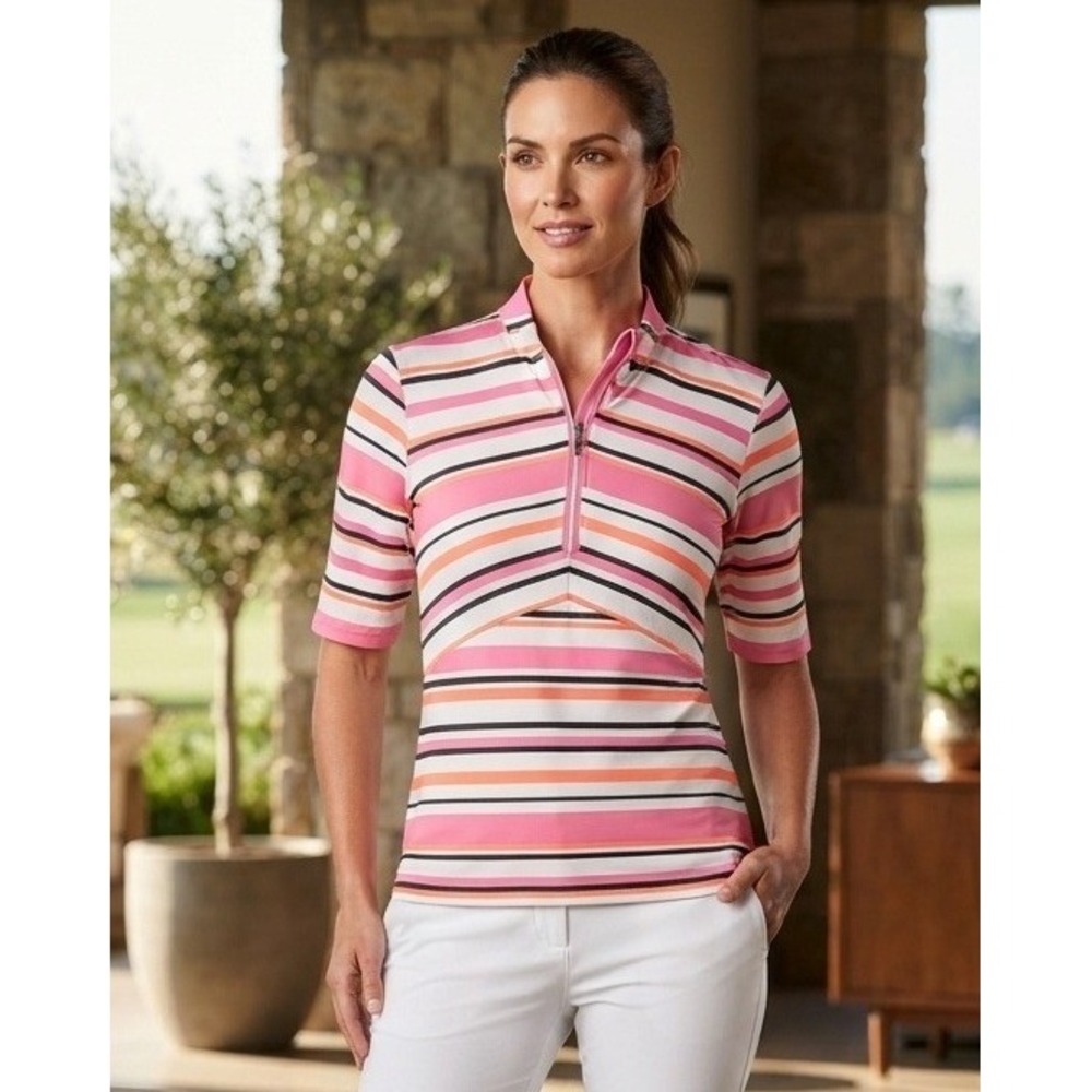 Tail Performance Golf Striped Quarter Zip Top Womens S Pink Orange Active Tennis